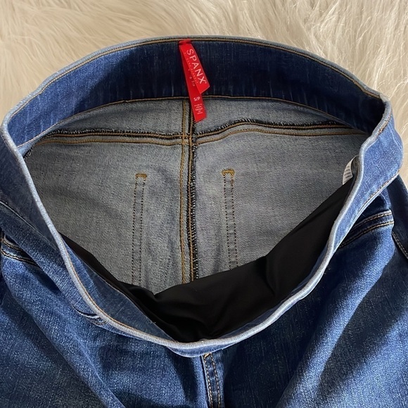 Spanx Jeans Pants Legging Skinny Raw Hem Blue Denim Preppy Stretch Distressed - Picture 4 of 9